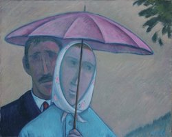 Bauernpaar unterm Schirm