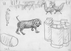 Milchkannen, Hund und Hühner