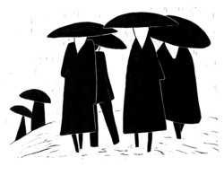 Sechs Figuren unter Schirmen